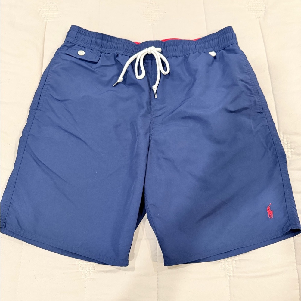 Polo Ralph Lauren swim trunks. LIKE NEW. Med,Blue with red/white accents